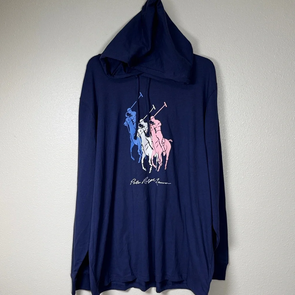 Polo Ralph Lauren 3 Big Pony Jersey Hooded T Shirt‎ Hoodie XXL Navy Long Sleeve